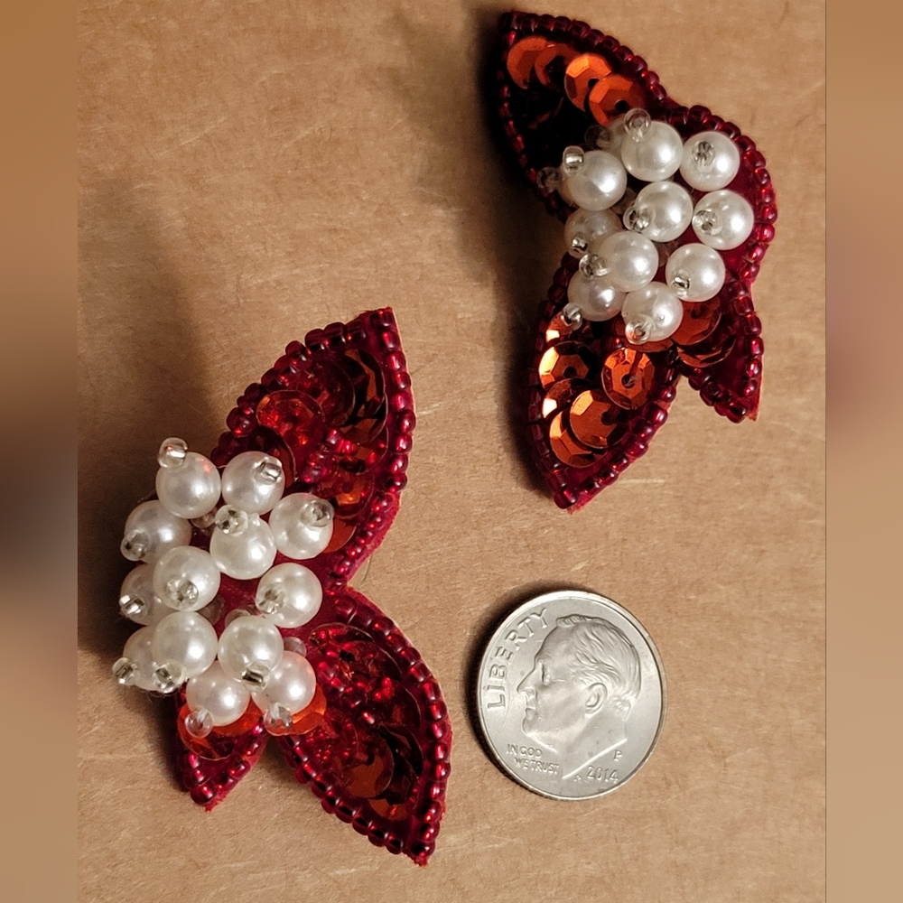 Vintage Handcrafted Red Sequin & Pearl Floral Earrings - Women Jewelry